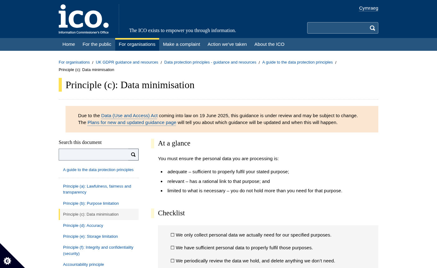 ICO website showing the data minimisation principle under UK GDPR