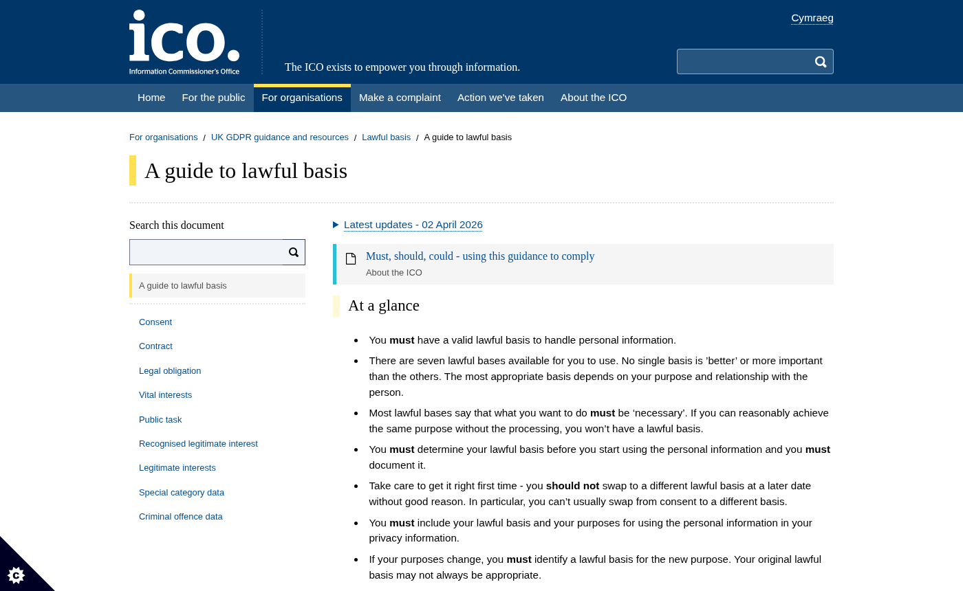 ICO website showing the guide to lawful basis for processing personal data under UK GDPR