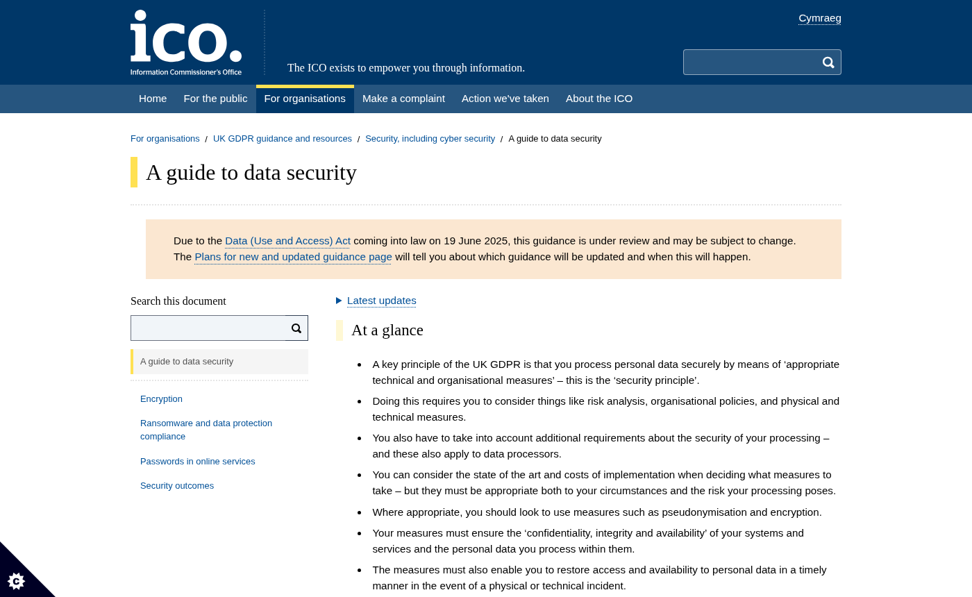 ICO website showing the guide to data security under UK GDPR