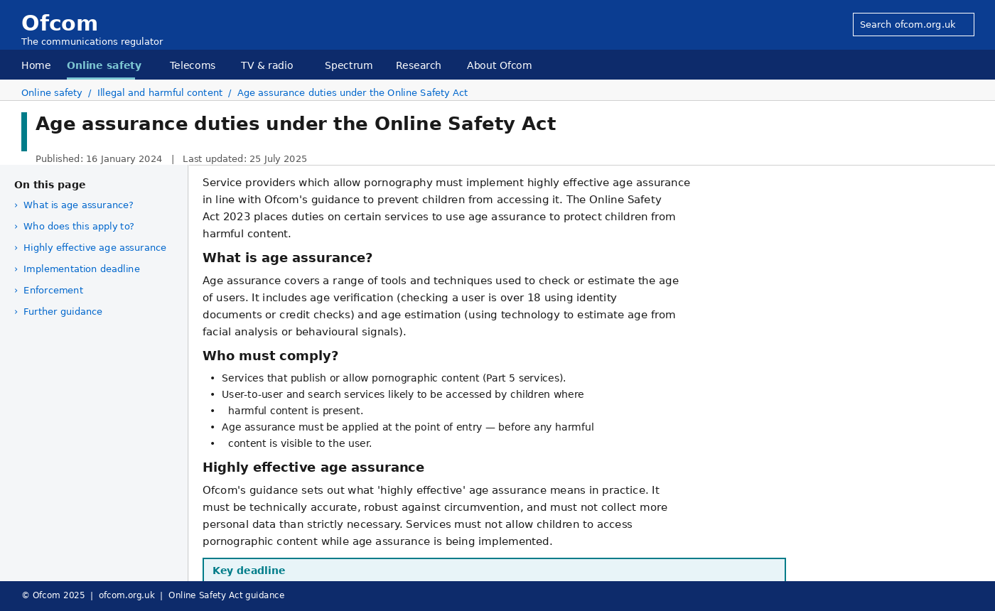 Ofcom website showing age assurance duties under the Online Safety Act 2023